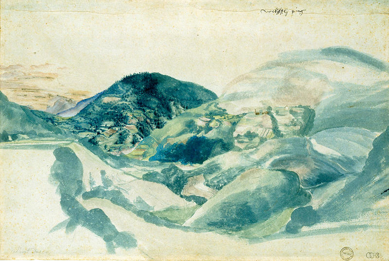 A watercolour in blues, browns and greens by Albrecht Durer View of Cembra Valley in Trentino-Alto Adige in Southern Italy.