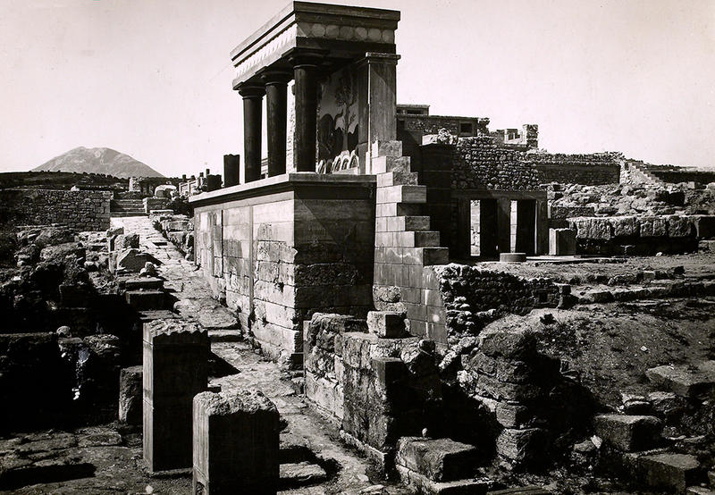 Black and white North Entrance of Knossos Palace restoration photograph by Arthur Evans