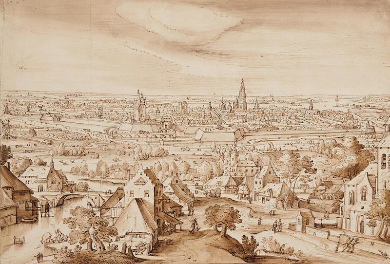 A distant view of Antwerp, seen from the East, drawn by Flemish artist Hans Bol in brown ink pen, with brown wash, over black chalk, created 1575 - 1580