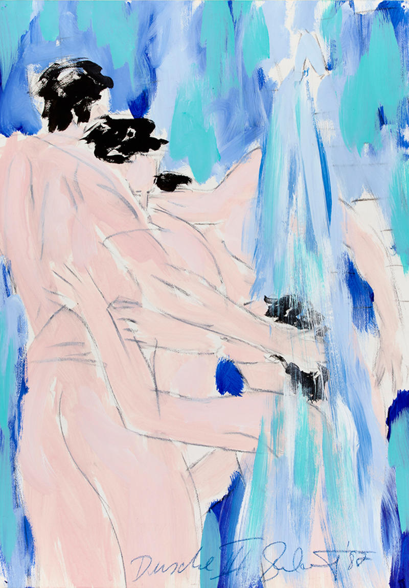 Dusche III, 1987, by Salomé (b. 1954), WA2020.8 © Salomé, Ashmolean Museum Painting by the artist Salomé of three nude, touching figures showering together. A tumble of dark-haired men embrace between jets of blue, grounded against the subtle backdrop of white tile
