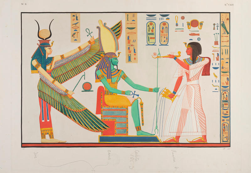 Colourful engraving of a Painting of Ramesses III adoring Isis and Ptah-Sokar, from Ramesses’ Tomb at Biban el-Moluk