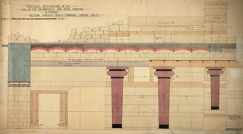 Colour plan of the hall building and columns for Sir Arthur Evans' restoration of Knossos 