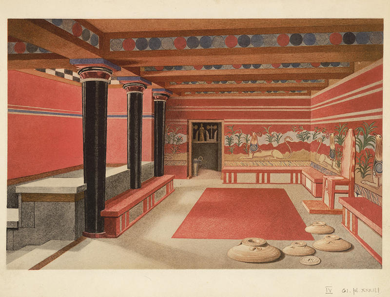 Reimagining the Palace at Knossos colourful illustration showing pillars and frescos