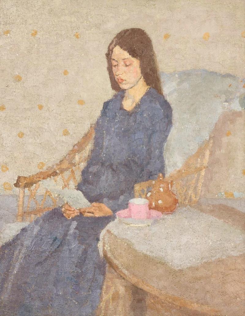A painting of a brown-haired young woman in a blue dress reading a letter in a chair. A teapot and a cup and saucer rest next to her.