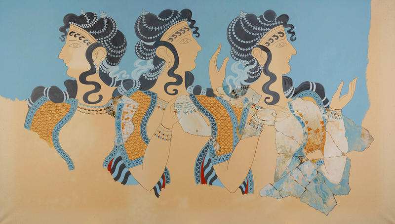Watercolour restoration of Ladies in Blue Fresco, undated, by Émile Gilliéron père (1850–1924) Watercolour copy of a fresco painting at the palace of Knossos, of three ladies against a blue background