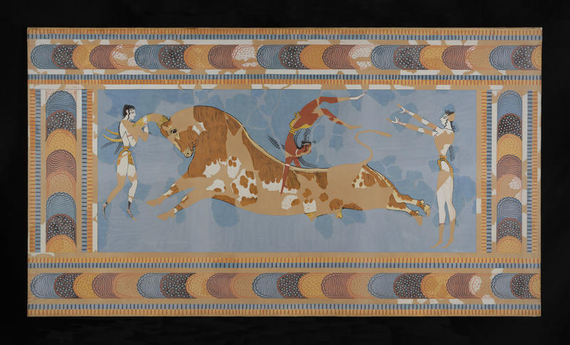 Painting of the restored Taureador Fresco from the Palace of Knossos, by Émile Gilliéron père © Ashmolean Museum Watercolour copy of a fresco painting at the palace of Knossos, of two figures and an enormous bull in the centre
