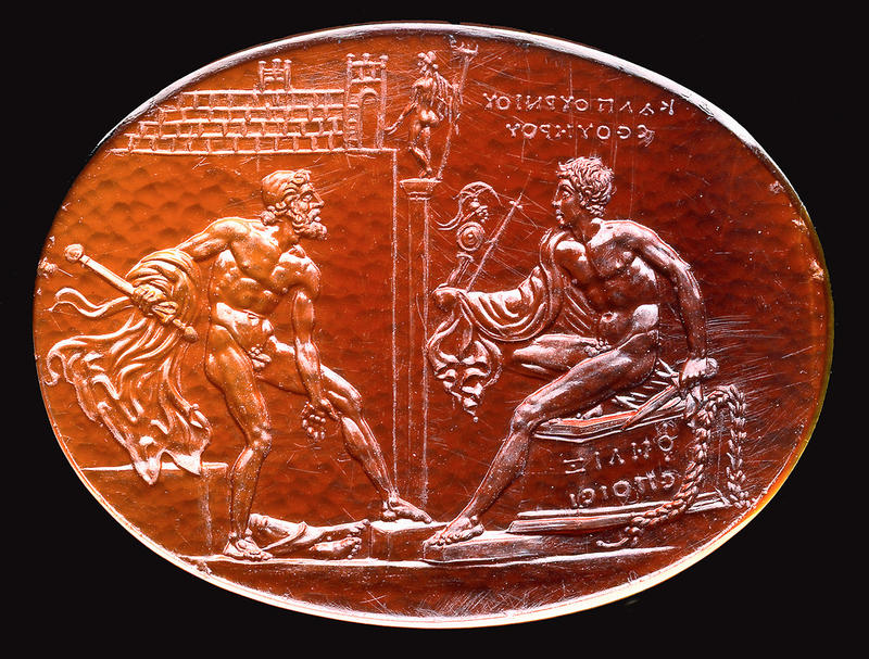 Famous oval-shaped Roman Felix gem showing scenes from the Trojan war including Odysseus and Poseidon poised in battle