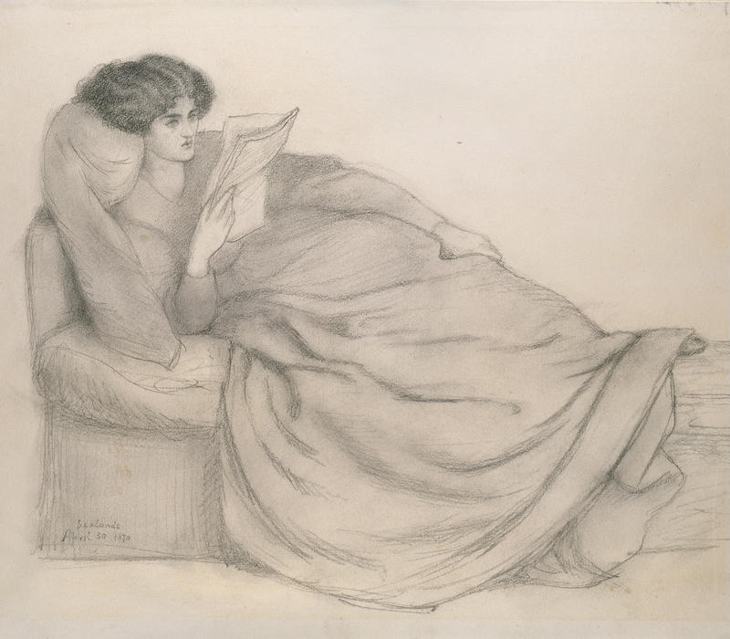 Jane Morris reading a newspaper by Rossetti, 1870, in graphite on off-white paper