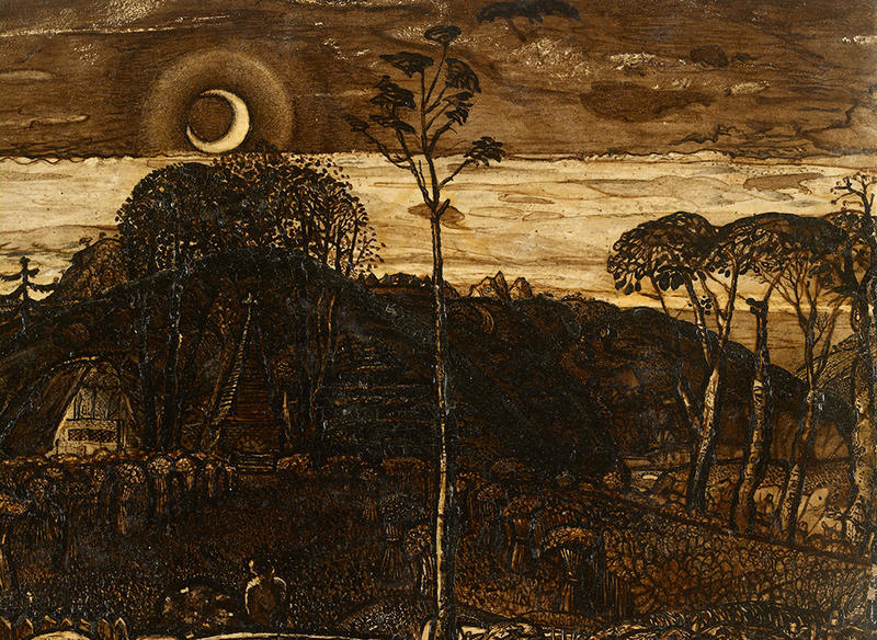 Samuel Palmer's brown ink and sepia drawing of Late Twilight showing a crescent moon sitting above trees and silhouettes of more trees