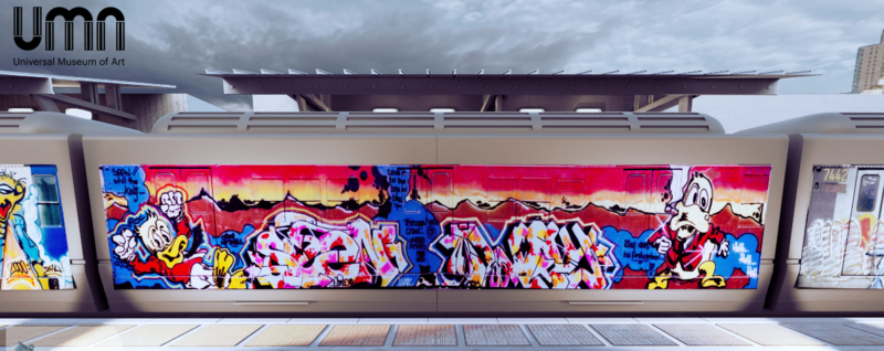 Henry Chalfant, photograph of graffiti on #5 Lexington Express subway car, as shown in the Universal Museum of Art exhibit, 'Street Art' Henry Chalfant, photograph of graffiti on #5 Lexington Express subway car, as shown in the Universal Museum of Art exhibit, 'Street Art'