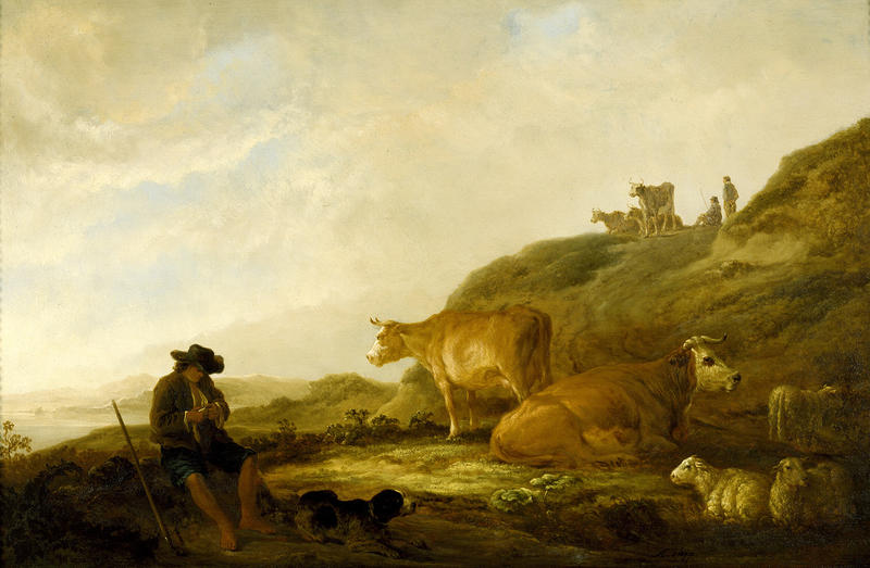  Seated Shepherd and Cows and Sheep in a Meadow oil painting by Aelbert Cuyp (1620-1691)