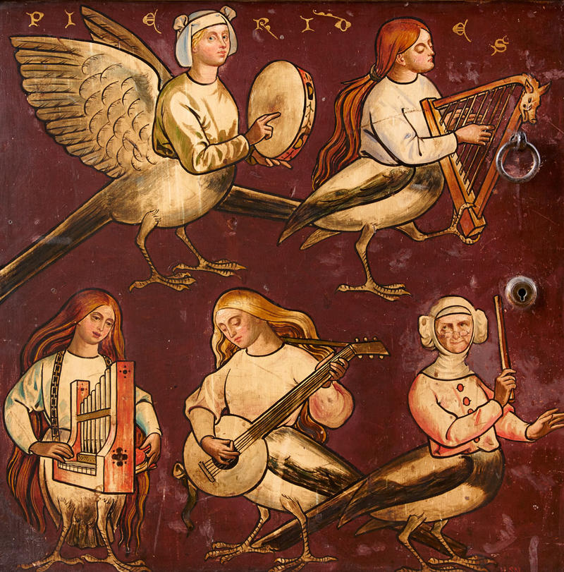 Singing Pierides Painted by Henry Stacy Marks (1829-1898), on the Great Bookcase by William Burges (1827–81), WA1933.26.53 Singing Pierides on the Great Bookcase by William Burges