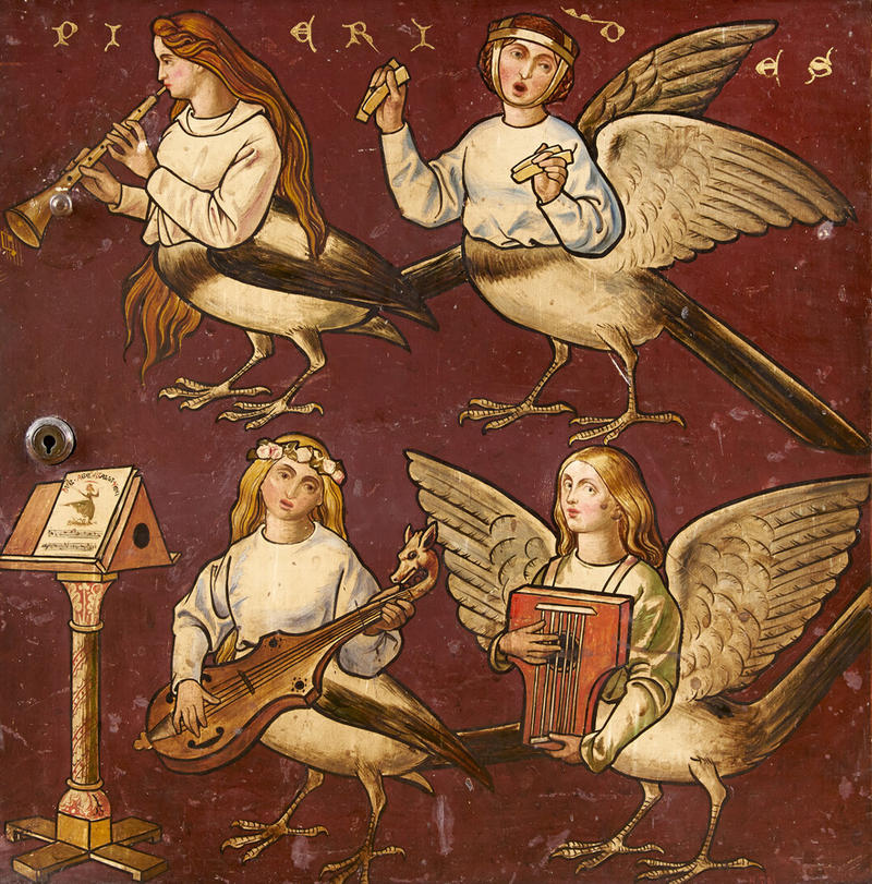 Singing Pierides Painted by Henry Stacy Marks (1829-1898), on the Great Bookcase by William Burges (1827–81), WA1933.26.53 Singing Pierides on the Great Bookcase, painted by William Burges