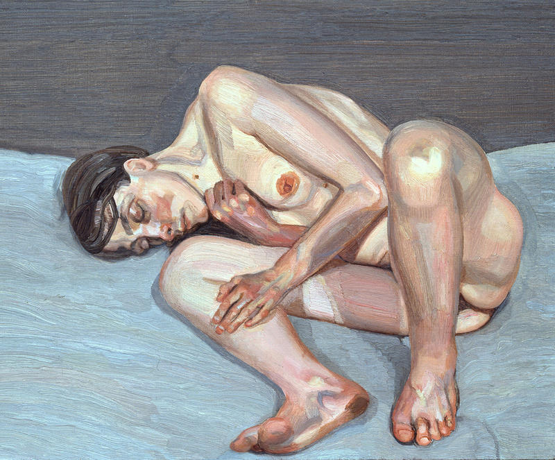 Portrait of a naked woman curled up on a blue bed by Lucien Freud  