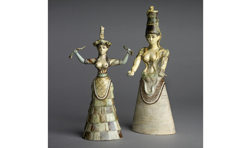 Snake goddesses figurines in Labyrinth Knossos exhibition Snake goddesses figurines in Labyrinth Knossos exhibition
