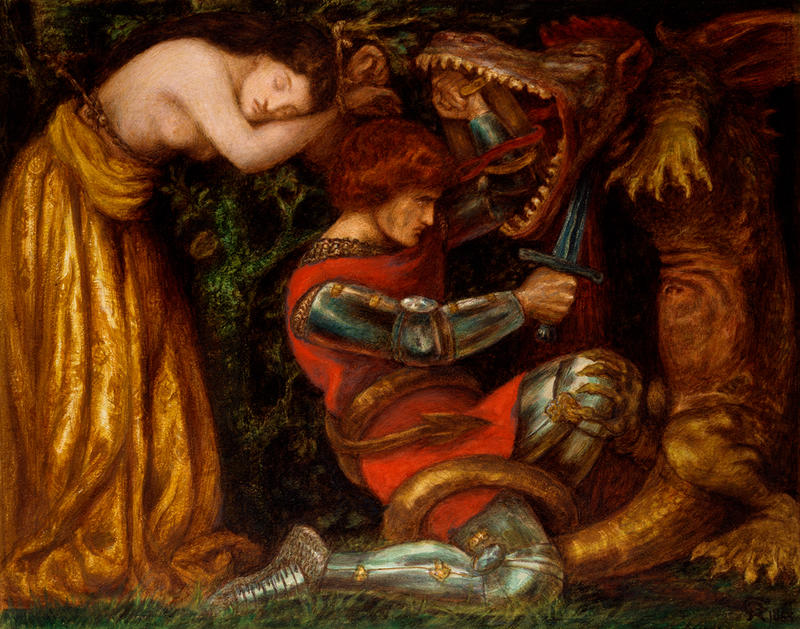 Watercolour showing St George slaying a dragon with a large sword, with a trapped female figure on the left tied by ropes