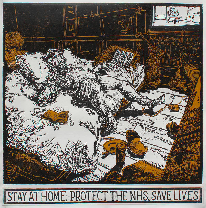 Stefan Tiburcio, Stay At Home, Protect the NHS, Save Lives, 2020, Woodcut on plywood, © the artist Woodcut print depicting a man laying on a bed looking at a laptop