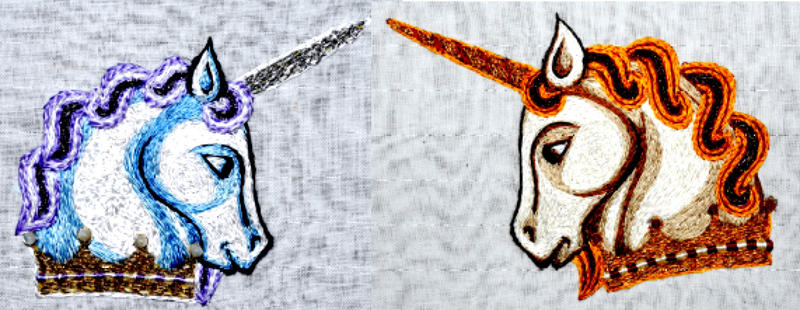 Two embrolidered unicorn heads facing each other, the left is in blue and whtie and the right in brown, orange and white