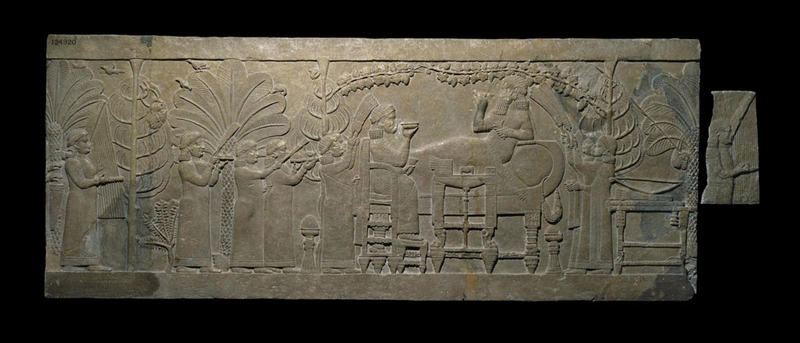 The 'Banquet Scene' relief, gypsum, c.645-635 BCE; ex.North Palace (Nineveh) British Museum; BM124940 © Trustees of the British Museum; (CC Licence)) Gypsum relief; King Ashurbanipal reclines, feasting, while the head of his enemy, Teumman, King of Elam, hangs in the trees