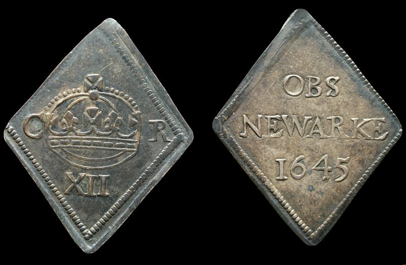 Long triangular shaped siege shilling - front and back - from Newark, 1645, Tradescant collection