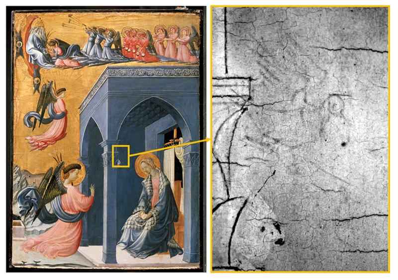 Ucello's famous Annunciation painting next to an infra-red close up showing drawn lines on the painting invisible to the naked eye