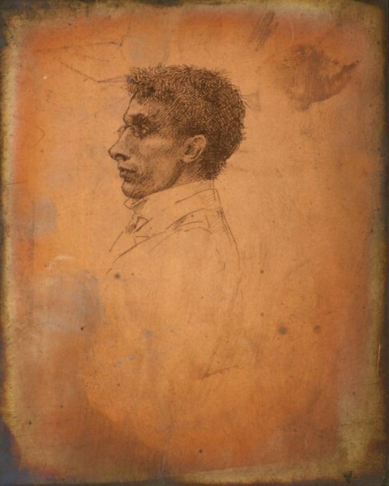 Copper plate with etched portrait in profile of a man wearing glasses and a dress shirt