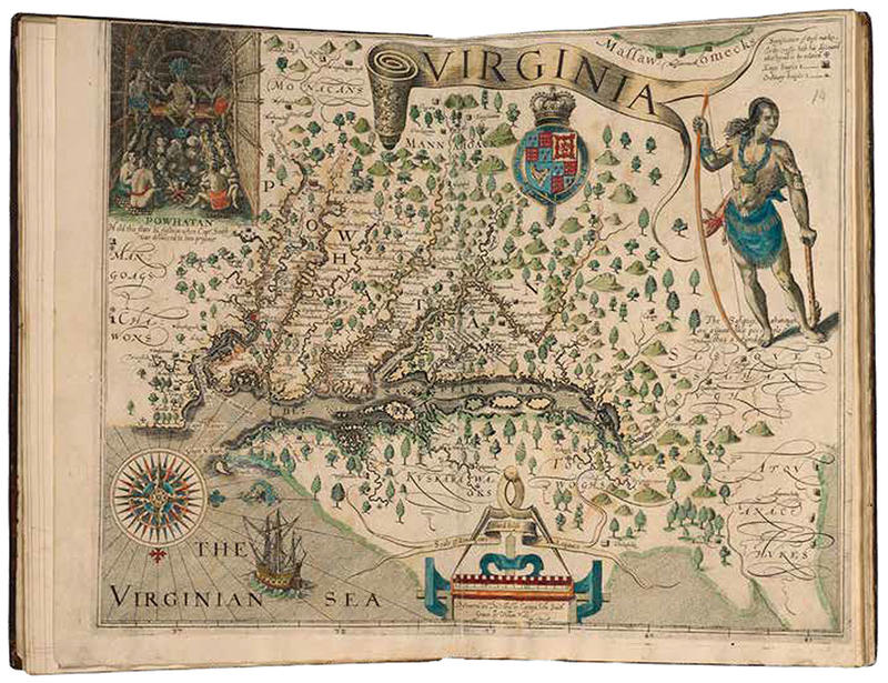 Double page spread showing a 17th century map of Virginia where John Tradescant travelled
