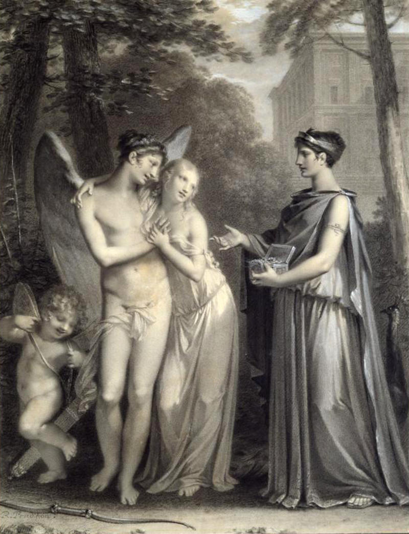 Classical figures drawn in black and white with a cherub