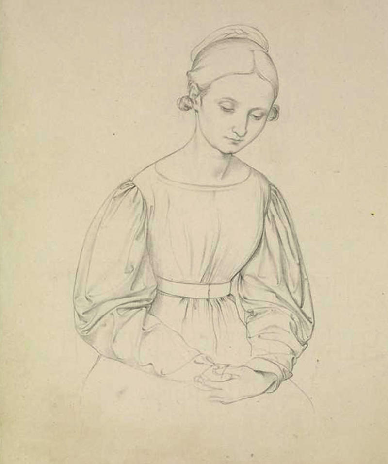 Black and white drawing of a young woman looking down hands clasped
