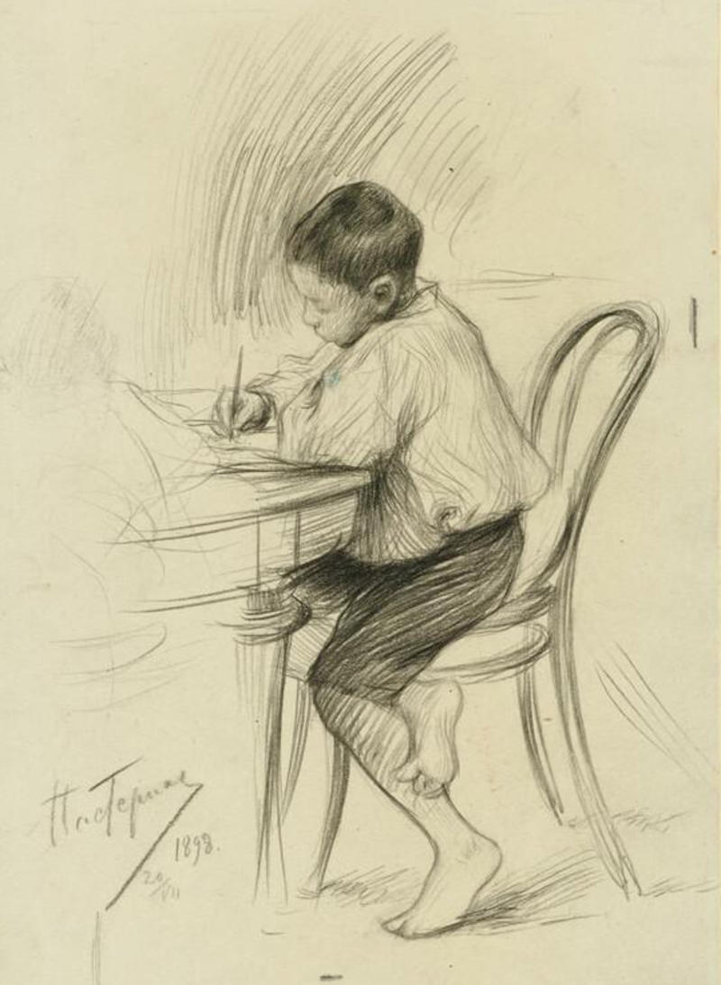 Drawing of a boy with pencil in hand sitting at a table or desk in shorts and bare feet