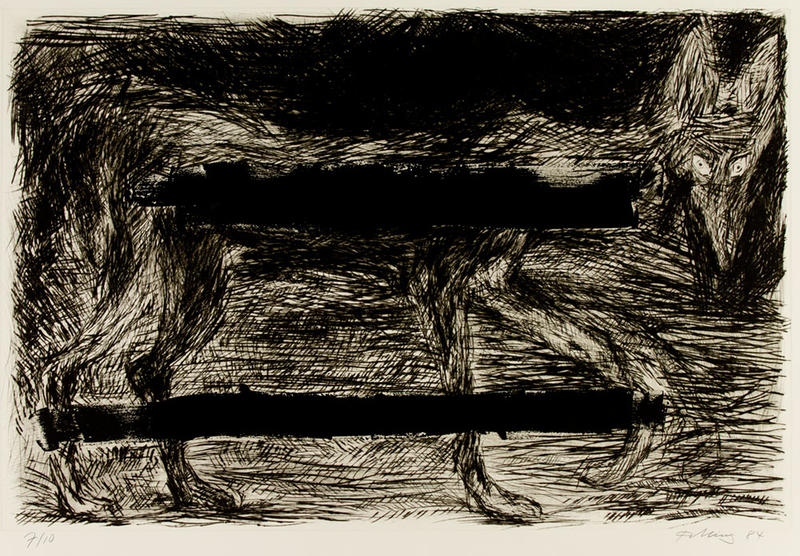  Black and white etching of a wolf by the artist Rainer Fetting