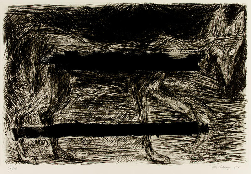 Rainer Fetting (b.1949), Wolf, 1984. © The Artist. Ashmolean Collection. WA2019.103 Black and white etching of a wolf by the artist Rainer Fetting