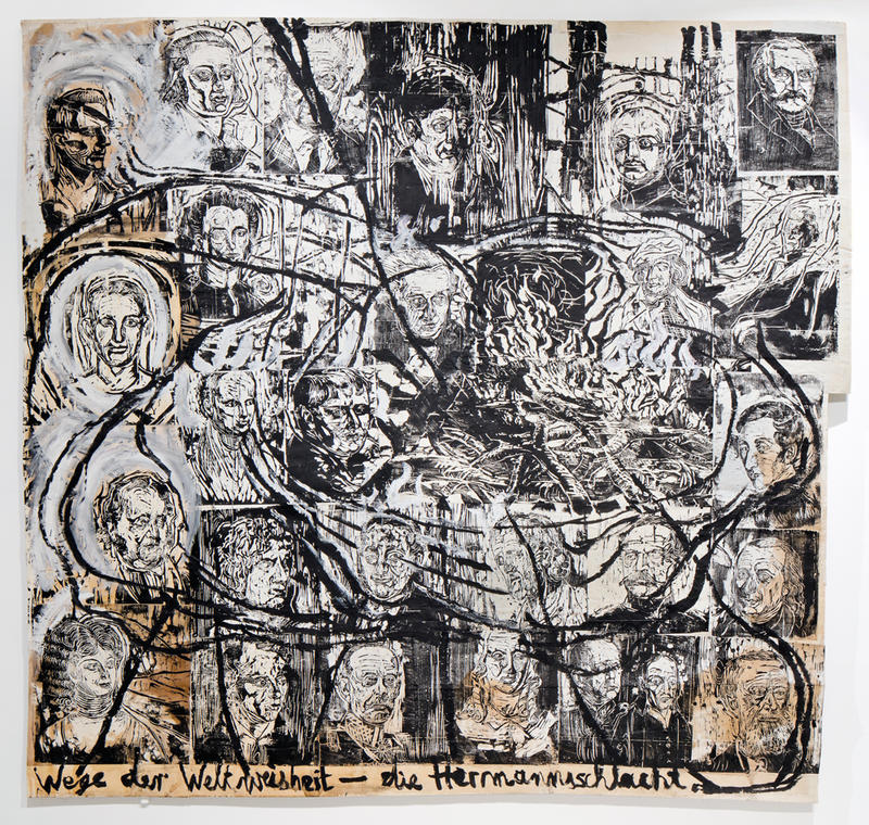 Wege der Weltweisheit – die Hermannsschlacht (Ways of Worldly Wisdom – The Battle of Hermann), Anselm Kiefer, 1977, woodcuts on paper laid down on synthetic fabric, Hall Collection. Courtesy of the Hall Art Foundation © Anselm Kiefer. Photo: Roman März A 1977 artwork by Anselm Kiefer. A group of woodcut portraits, on paper, have been have been laid down on synthetic fabric.