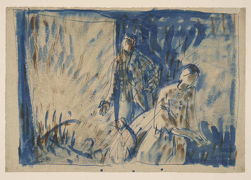 A blue and black drawing of a young couple parting inspired by Wuthering Heights