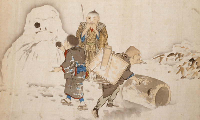 Ink drawing of a boy building a snowman while two other figures pass by