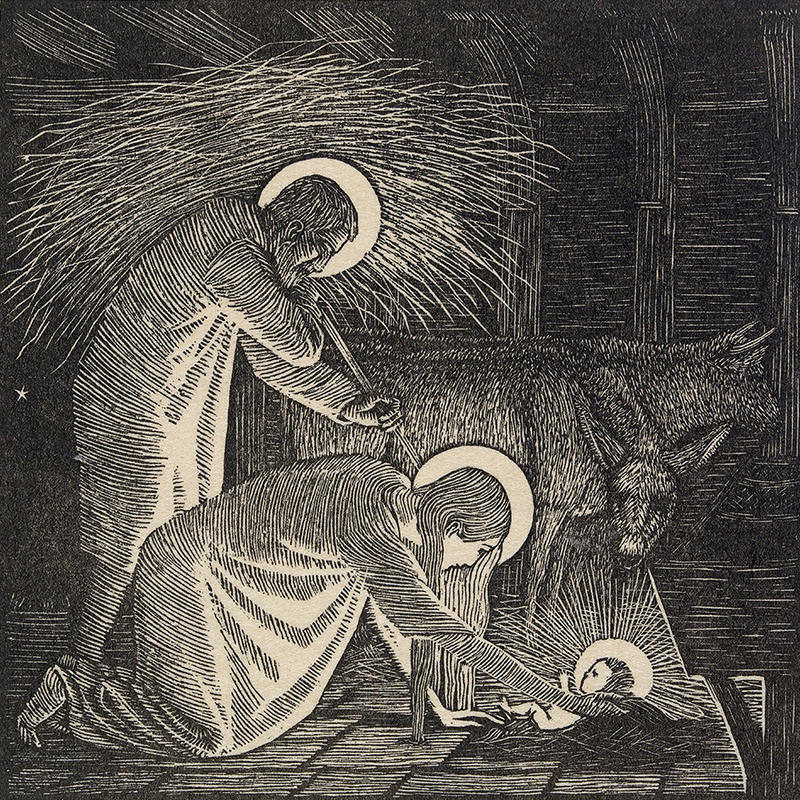 A black and white engraving of the nativity scene