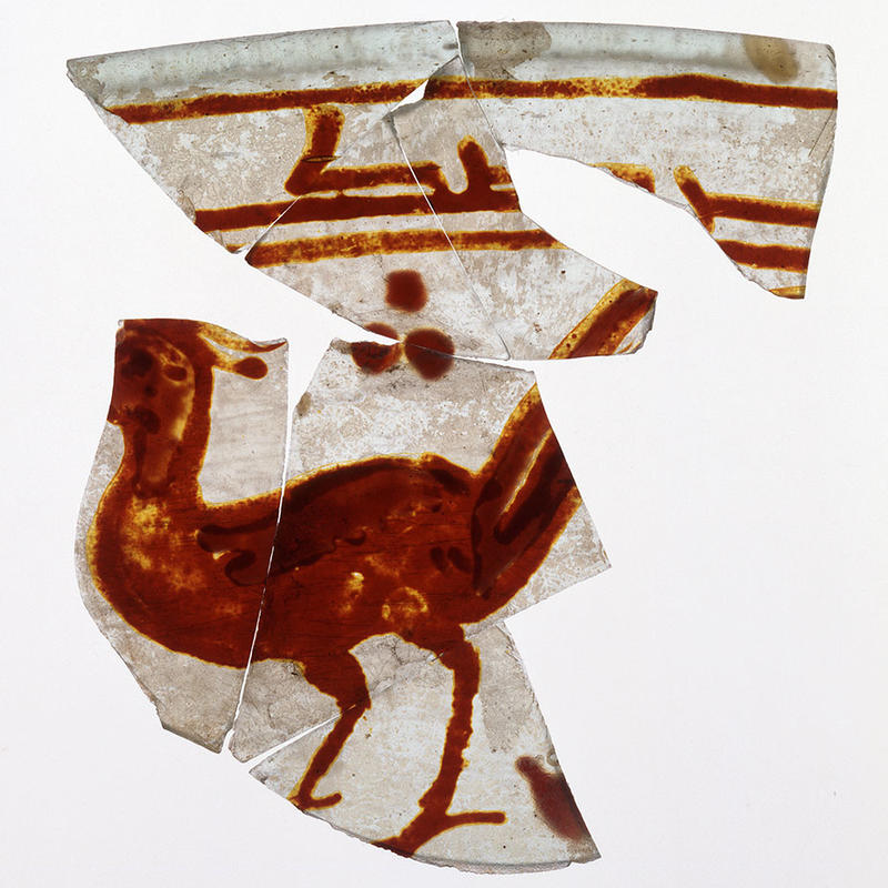 Fragment of vessel with bird image and inscription, glass painted lustre, 8th century, Egypt