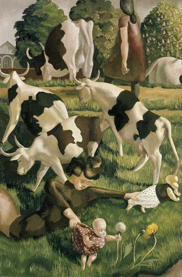 Painting by Sir Stanley Spencer of cows and figures in a grassy field