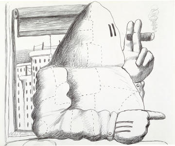 A drawing of a man in a window smoking a cigar