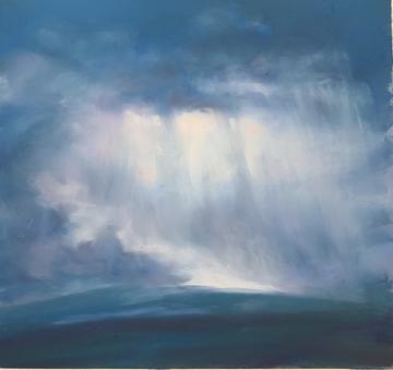 Painting of a cloudy sky with dark blue rain clouds and rain falling down