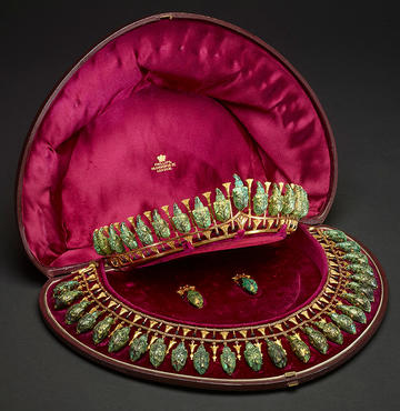 Lady Granville's beetle jewellery set Lady Granville's green and gold beetle jewellery set with red velvet lined case made by the Phillip Brothers of London