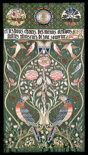 Autumn and winter panel, c.1894, polychrome silks on Morris & Co. Oak silk damask. Private collection c V&A Autumn and winter panel wall hanging in silk from Morris & Co