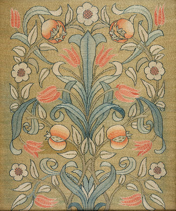 Tulip and pomegranate fire screen or cushion cover, May Morris, 1890s, polychrome silks on Manchester cloth © Private collection Tulip and pomegranate fire screen or cushion cover, 1890s, polychrome silks on Manchester cloth in subtle yellows, oranges, greens and gold