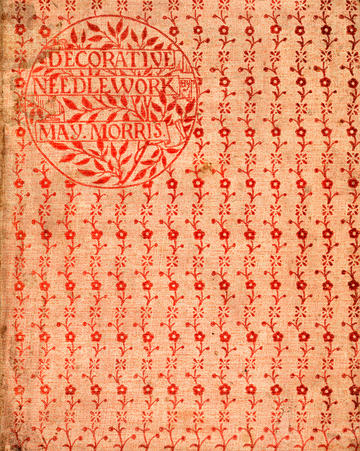 Decorative Needlework (London, 1893), May Morris, front cover, printed in red on pink buckram © Private collection Decorative Needlework by May Morris front cover with geometric red flowers repeated on the front