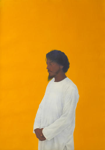 Ali Kazim, Man of Faith – courtesy Jhaveri Contemporary Painting by Ali Kazim of a man in profile against an orange backgroun