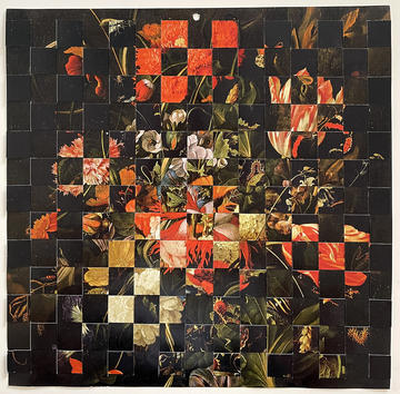 Painting by Aliki Braine with squares over a summer flowers still life with reds and greens and yellows