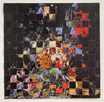 Painting by Aliki Braine with squares over a summer flowers still life with blues and greens and reds and whites