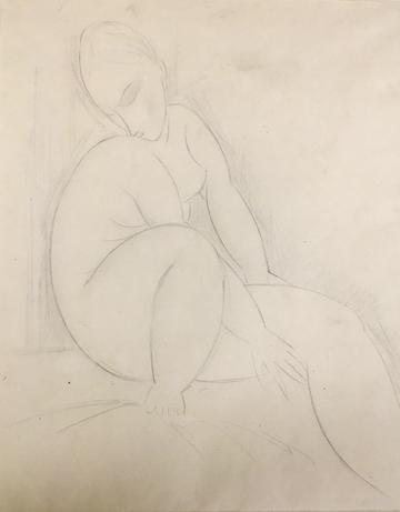 Pencil on paper drawing of a seated nude figure