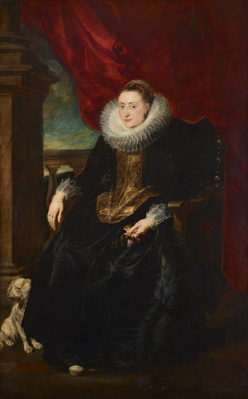 Painting of a seated woman who is wearing a ruff, with a small dog at her feet and with a draped red cloth behind her