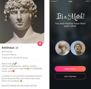 Tinder profile for Antinous Screenshot of a constructed Tinder profile for the god Antinous matching with Hadrian